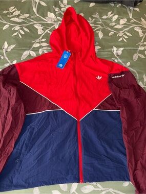 adidas Hooded Colorblock Windbreaker in Red, Navy & Burgundy